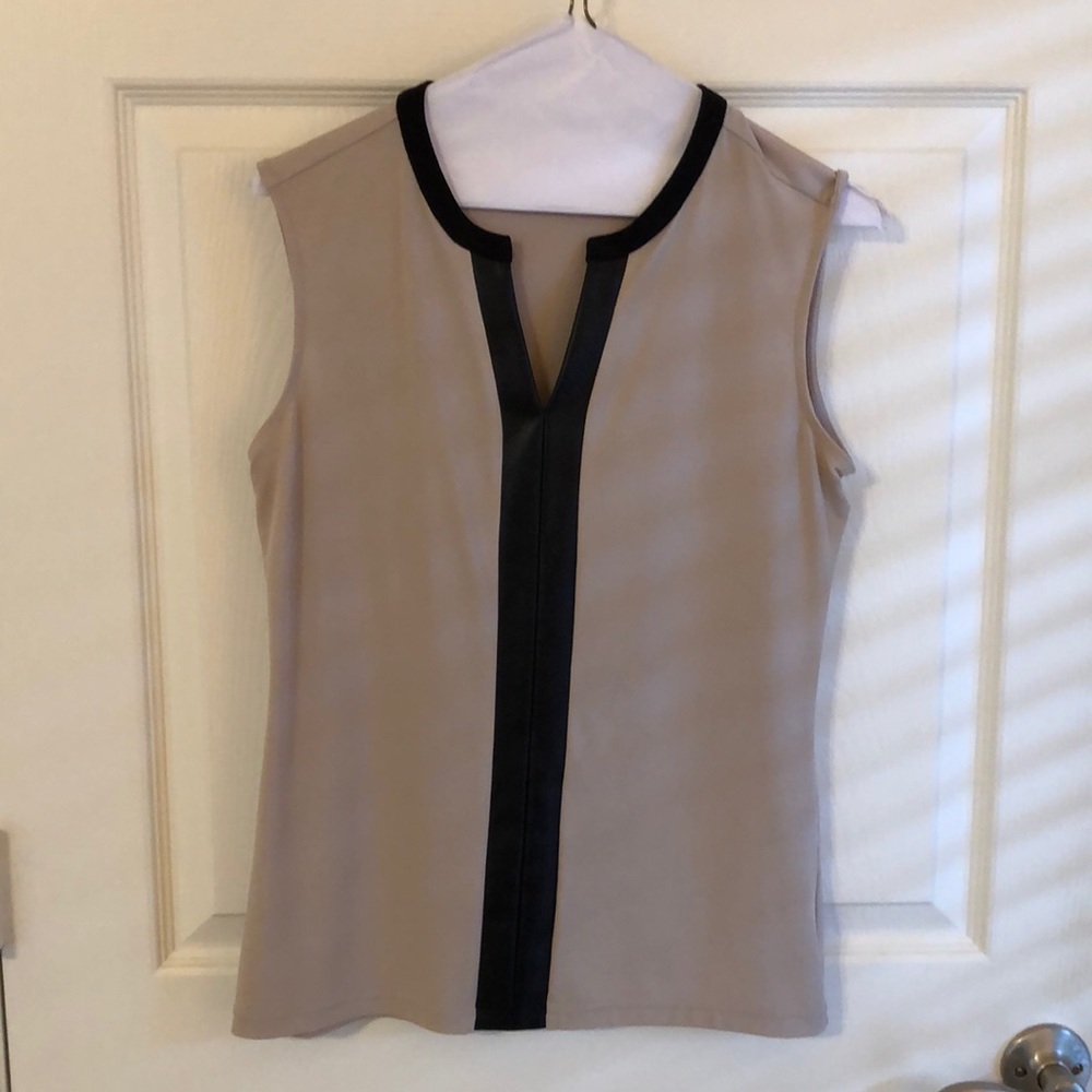 Camel and black leather trim top